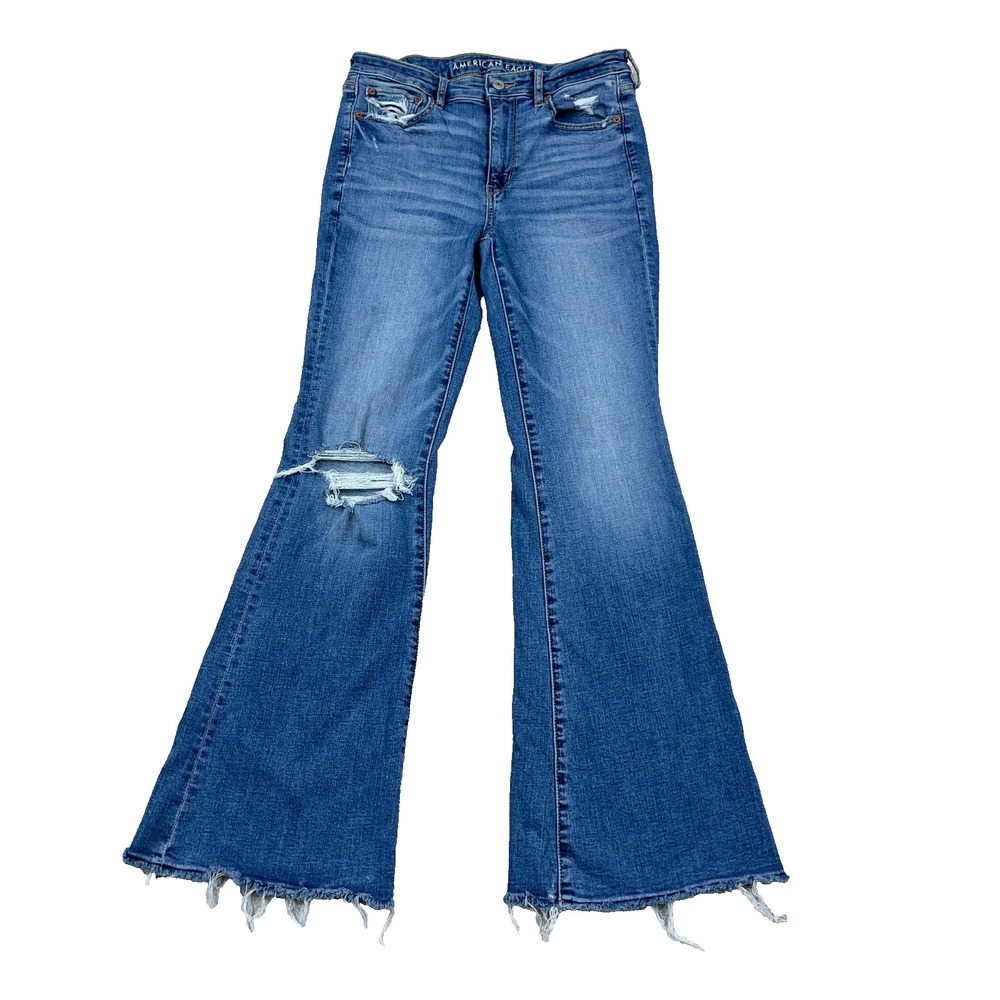 American Eagle Jeans Women 6 Flared Super High Rise Med Wash Boho Western *